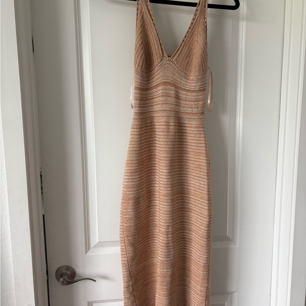 Torn by Ronny Kobo Tan Ribbed Bodycon Dress V-Neck Sleeveless